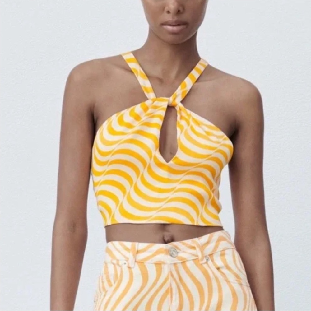 Zara Orange White Swirl Keyhole Halter Crop Top
